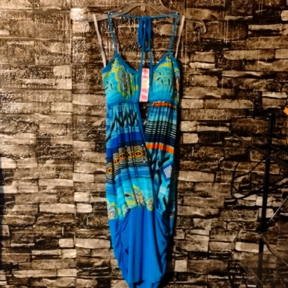 Sparkling Stars Vibrant Blue Patterned Halter Dress
